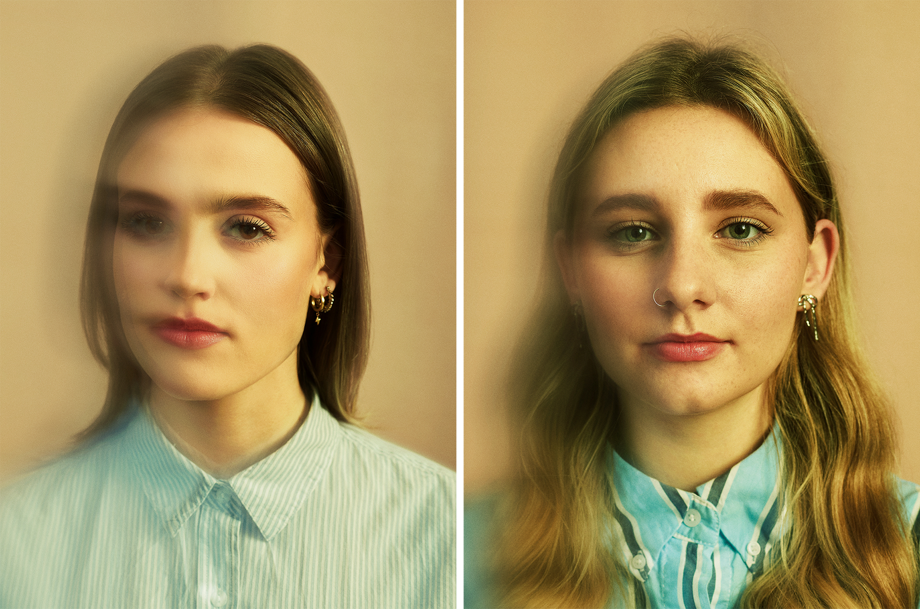 A diptych of two young women, both wearing blue striped shirts, facing straight to camera.