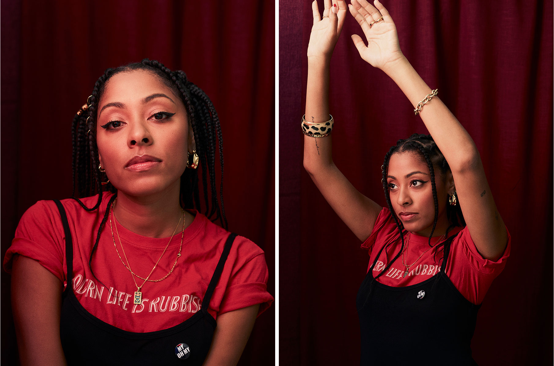 A diptych of studio portraits of Kelly Jade wearing a red tee shirt that says "modern life is rubbish".